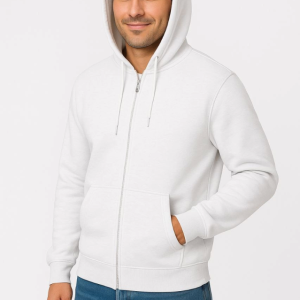 Erkek Üç İplik Kapüşonlu Tam Fermuarlı Kanguru Çepli SweatShirt Hoodie - Beyaz