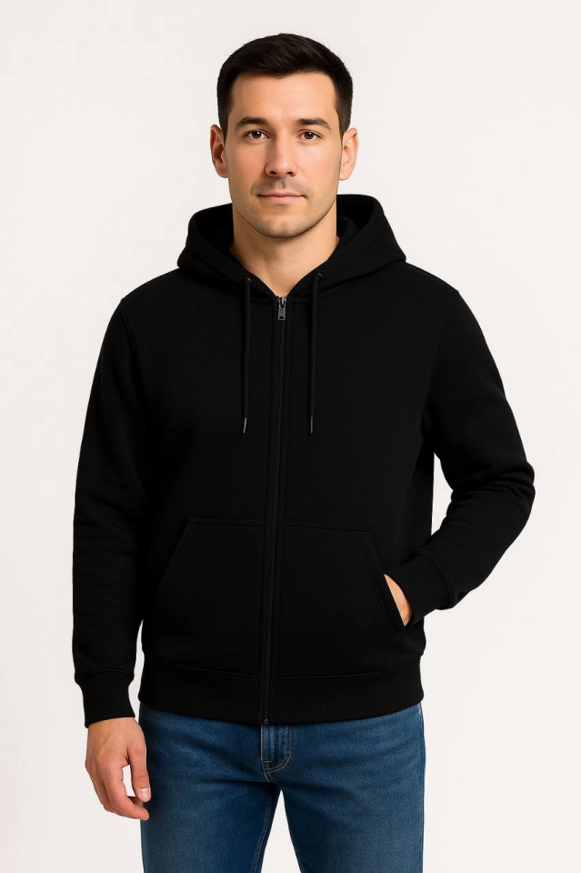 Erkek Üç İplik Kapüşonlu Tam Fermuarlı Kanguru Çepli SweatShirt Hoodie - Siyah - Görsel 5