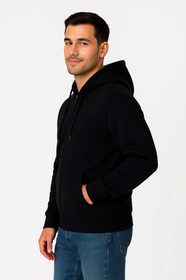 Erkek Üç İplik Kapüşonlu Tam Fermuarlı Kanguru Çepli SweatShirt Hoodie - Siyah - Görsel 3