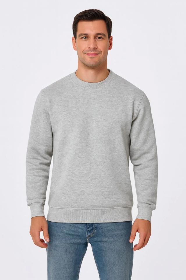 Erkek Üç İplik Düz Bisiklet Yaka SweatShirt - Gri - Görsel 3
