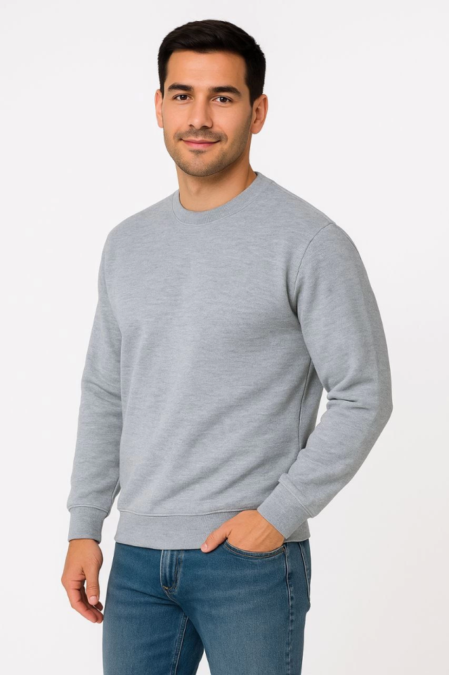Erkek Üç İplik Düz Bisiklet Yaka SweatShirt - Gri - Görsel 2