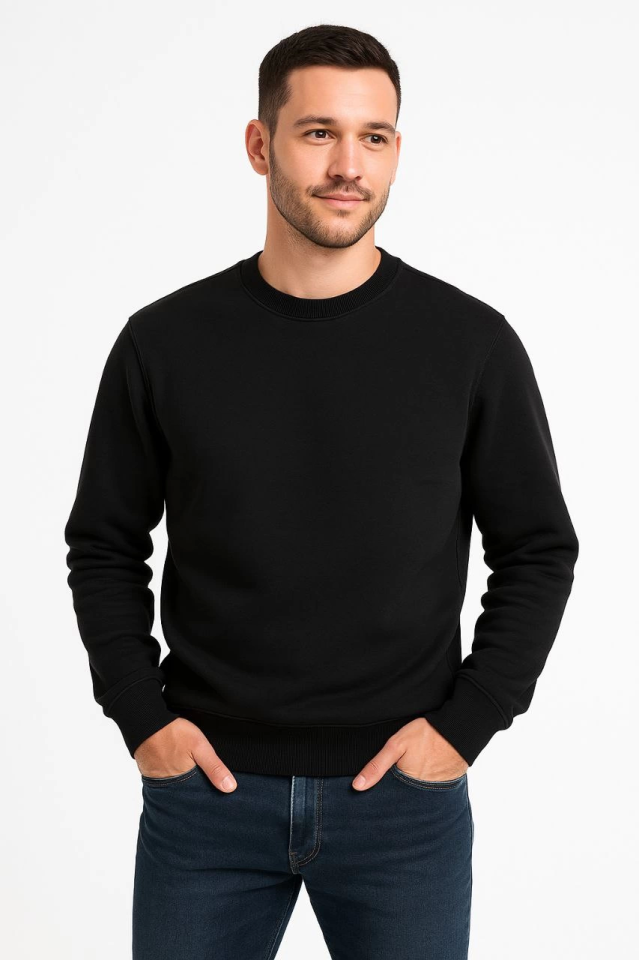 Erkek Üç İplik Düz Bisiklet Yaka SweatShirt - Siyah - Görsel 2