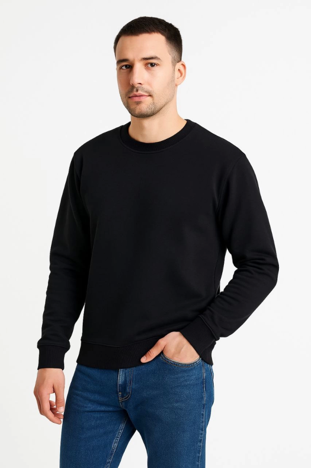 Erkek Üç İplik Düz Bisiklet Yaka SweatShirt - Siyah - Görsel 4