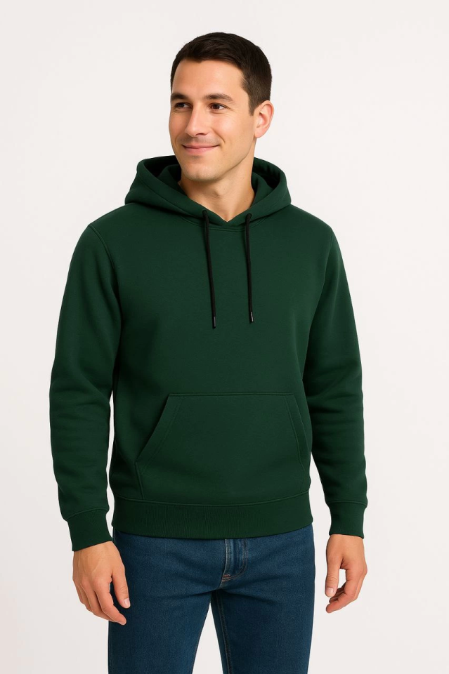 Erkek Üç İplik Kapüşonlu Kanguru Cepli SweatShirt Hoodie - Haki - Görsel 5