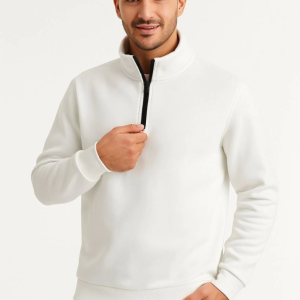 Alternative view of Erkek Dik Yaka Sweatshirt Dik Yaka Yarım Fermuarlı 3 İplik Şardonlu Pamuk Kumaş - Beyaz
