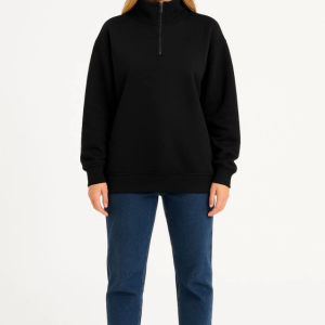 Alternative view of Üç İplik Dık Yaka Yarım Fermuarlı SweatShirt - Siyah