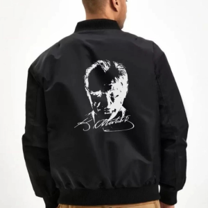 Alternative view of Unisex Uzun Kol Baskılı Bomber Ceket - Siyah