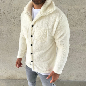 Alternative view of Erkek Pelüş Polar Hırka Gömlek – Yakalı, İlik Düğmeli, Göğüs Cepli, Yumuşak Dokulu Kışlık Regular Fit Rahat Günlük Model - Beyaz