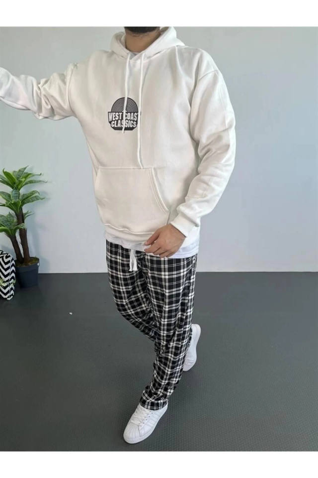 Erkek Oversize Üç İplik Kapüşonlu Sweatshirt – Beyaz Ön Baskılı, Kanguru Cepli, Rahat Kalıp, İçi Pamuklu Model - Görsel 3