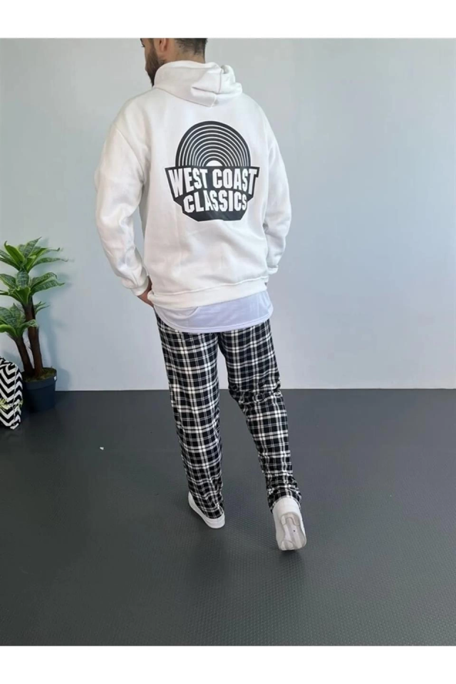 Erkek Oversize Üç İplik Kapüşonlu Sweatshirt – Beyaz Ön Baskılı, Kanguru Cepli, Rahat Kalıp, İçi Pamuklu Model - Görsel 2
