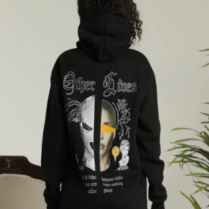 Alternative view of Oversize Üç İplik Kapüşonlu Sweatshirt – Siyah “Other Lives” Ön Ve Arka Baskılı, Şardonlu Kışlık, Rahat Günlük Model Siiyah