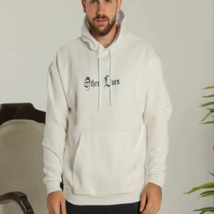 Alternative view of Oversize Üç İplik Şardonlu Kapüşonlu Sweatshirt – Beyaz “Other Lives” Ön Ve Arka Baskılı, Kanguru Cepli, Ribanalı Rahat Kışlık Model Beyaz