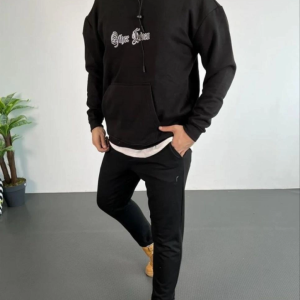 Alternative view of Erkek Kapşonlu Sweatshirt – Oversize Üç İplik Şardonlu Hoodie, “Other Lives” Ön - Arka Baskılı, Kanguru Cepli, Kışlık Rahat Günlük Stil - Siyah
