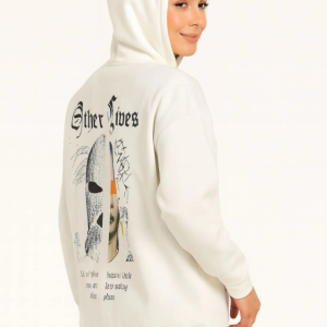 Kapşonlu Sweatshirt – Oversize Üç İplik Şardonlu Hoodie, “Other Lives” Ön - Arka Baskılı, Kanguru Cepli, Kışlık Rahat Günlük Stil - Beyaz