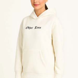 Alternative view of Kapşonlu Sweatshirt – Oversize Üç İplik Şardonlu Hoodie, “Other Lives” Ön - Arka Baskılı, Kanguru Cepli, Kışlık Rahat Günlük Stil - Beyaz