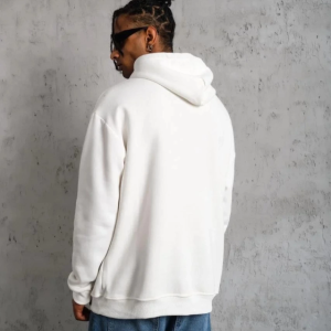 Alternative view of Erkek Oversize Kapüşonlu Sweatshirt – Beyaz Renk Üç İplik İçi Pamuklu Kanguru Cepli Baskılı Hoodie Rahat Kalıp Kışlık Günlük Kombinlere Uygun - Beyaz
