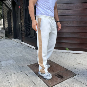 Alternative view of Erkek Üç İplik Kışlık Pamuklu Yandan Garneli Kalın Bej Şeritli Cepli Eşofman Altı - Beyaz