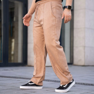 Erkek Keten Cepli Çıma Dikişli Jogger Buggy Pantalon Rahat Kalıp - Kahverengi