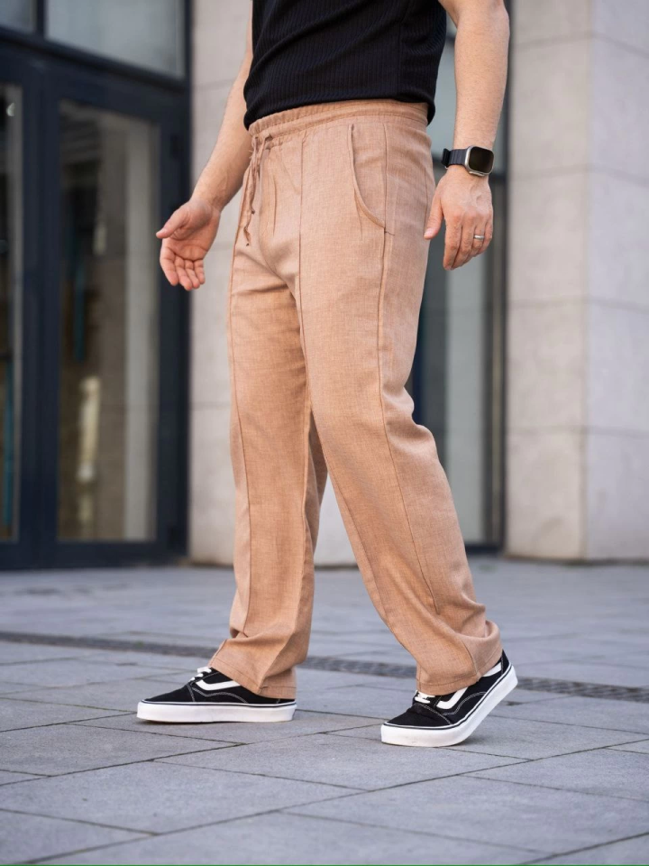 Erkek Keten Cepli Çıma Dikişli Jogger Buggy Pantalon Rahat Kalıp - Kahverengi - Görsel 5