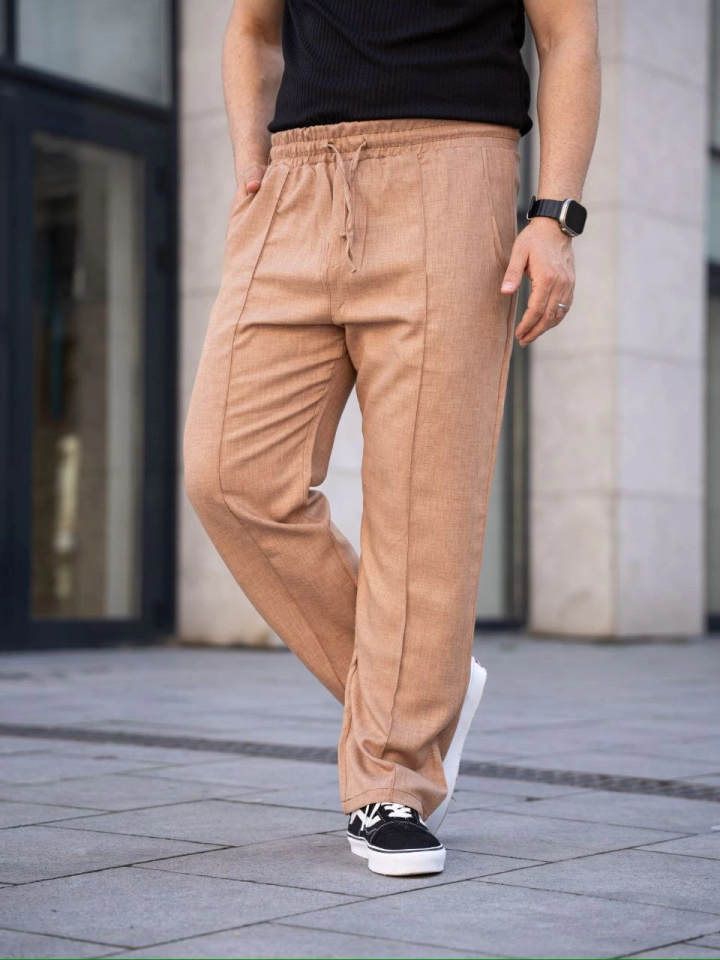 Erkek Keten Cepli Çıma Dikişli Jogger Buggy Pantalon Rahat Kalıp - Kahverengi - Görsel 2