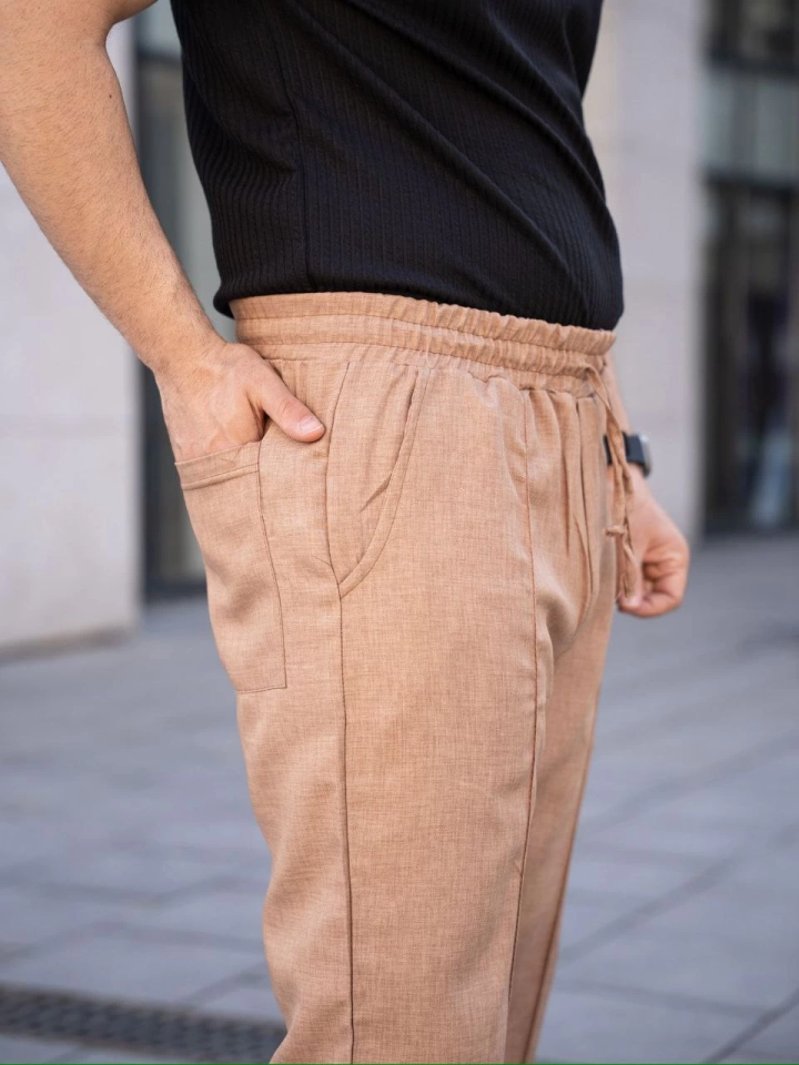 Erkek Keten Cepli Çıma Dikişli Jogger Buggy Pantalon Rahat Kalıp - Kahverengi - Görsel 4