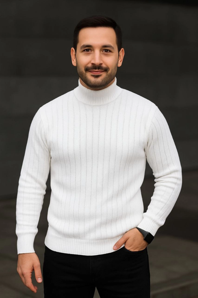 Erkek Balıkcı Yaka Bağazlı Triko Kazak Pamuklu Kalın Fitilli Dokuma, Regular Fit Uzun Kollu Kışlık Model - Beyaz - Görsel 4