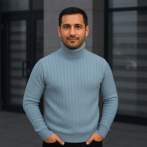 Erkek Balıkcı Yaka Bağazlı Triko Kazak Pamuklu Kalın Fitilli Dokuma, Regular Fit Uzun Kollu Kışlık Model - Bebe Mavisi