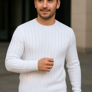 Alternative view of Erkek Bisiklet Yuvarlak Yaka Triko Kazak Pamuklu Kalın Fitilli Dokuma, Regular Fit Uzun Kollu Kışlık Model - Beyaz