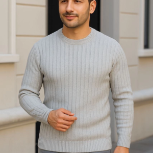 Alternative view of Erkek Bisiklet Yuvarlak Yaka Triko Kazak Pamuklu Kalın Fitilli Dokuma, Regular Fit Uzun Kollu Kışlık Model - Gri