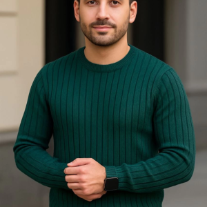 Alternative view of Erkek Bisiklet Yuvarlak Yaka Triko Kazak Pamuklu Kalın Fitilli Dokuma, Regular Fit Uzun Kollu Kışlık Model - Haki