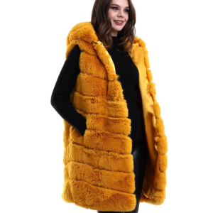 Alternative view of Kapşonlu Peluş Kürk Yelek Premium Kalite, Tam Astarlı, Uzun Model - Sarı