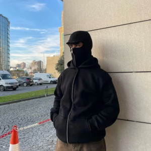 Alternative view of Samuray Ninja Çift Kapşonlu ZIP Fermuarlı Kanguru Çepli Tam Fermuarlı Hoodie Swetshirt - Siyah