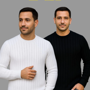 Erkek Fitilli Triko Kazak 2’li Set – Siyah - Beyaz, Kalın Dokuma Pamuklu Regular Fit Bisiklet Yaka Uzun Kollu Rahat Kışlık Kazak Kombini