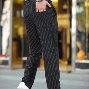 Alternative view of Erkek Cizgili Dokuma Krep Jogger Buggy Pantalon Rahat Kalıp - Siyah