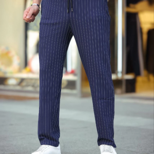 Alternative view of Erkek Cizgili Dokuma Krep Jogger Buggy Pantalon Rahat Kalıp - Lacivert
