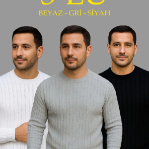 Erkek Fitilli Triko Kazak 3’lü Set – Beyaz, Gri, SiyahKalın Dokuma Pamuklu Regular Fit Bisiklet Yaka Uzun Kollu Kışlık Ve Baharlık Rahat Triko Kombini