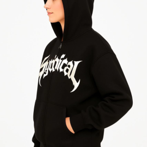 Alternative view of Oversize Kapüşonlu Sweatshirt  Hoodie 3 İplik Şardonlu Pamuklu Kumaş, Önü Baskılı, Fermuarlı Rahat Kalıp, Kışlık Ve Sokak Stili Sweat - Siyah