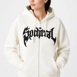 Oversize Kapüşonlu Sweatshirt Hoodie 3 İplik Şardonlu Pamuklu Kumaş, Önü Baskılı, Fermuarlı Rahat Kalıp, Kışlık Ve Sokak Stili Sweat - Beyaz