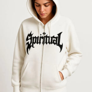 Alternative view of Oversize Kapüşonlu Sweatshirt Hoodie 3 İplik Şardonlu Pamuklu Kumaş, Önü Baskılı, Fermuarlı Rahat Kalıp, Kışlık Ve Sokak Stili Sweat - Beyaz
