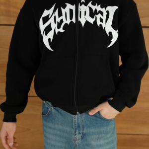 Alternative view of Erkek Kapüşonlu Sweatshirt  Hoodie 3 İplik Şardonlu Pamuklu Kumaş, Önü Baskılı, Fermuarlı Rahat Kalıp, Kışlık Ve Sokak Stili Sweat - Siyah