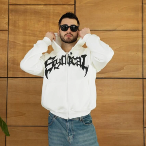 Erkek Kapüşonlu Sweatshirt Hoodie 3 İplik Şardonlu Pamuklu Kumaş, Önü Baskılı, Fermuarlı Rahat Kalıp, Kışlık Ve Sokak Stili Sweat - Beyaz