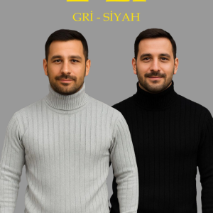 Erkek Fitilli Triko Kazak 2li Set Gri Siyah Regular Balıkcı Yaka Tam Boğazlı Triko Seti Modeli Kazak