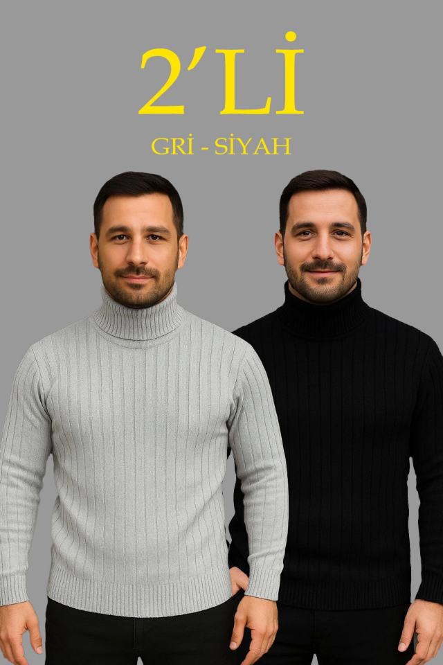 Erkek Fitilli Triko Kazak 2li Set Gri Siyah Regular Balıkcı Yaka Tam Boğazlı Triko Seti Modeli Kazak - Görsel 5