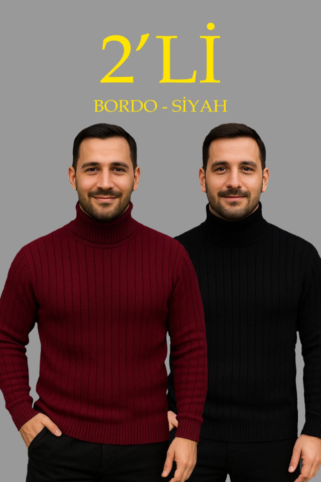 Erkek Fitilli Triko Kazak 2li Set Bordo Siyah Regular Balıkcı Yaka Tam Boğazlı Triko Seti Modeli Kazak - Görsel 5