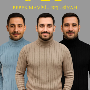 Erkek Fitilli Triko Kazak 3lÜ Set Bebek Mavisi Bej Siyah Regular Balıkcı Yaka Tam Boğazlı Triko Seti Modeli Kazak