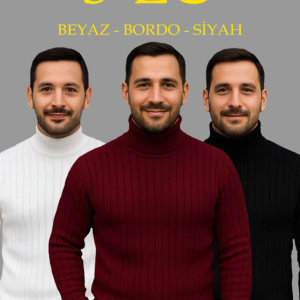 Erkek Fitilli Triko Kazak 3lÜ Set Beyaz Bordo Siyah Regular Balıkcı Yaka Tam Boğazlı Triko Seti Modeli Kazak