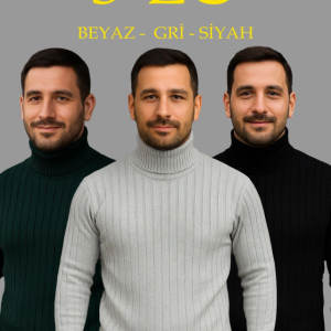 Erkek Fitilli Triko Kazak 3lÜ Set Gri Haki Siyah Regular Balıkcı Yaka Tam Boğazlı Triko Seti Modeli Kazak