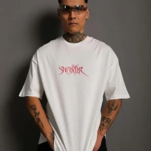 Alternative view of Erkek Oversize Tişört – Beyaz 24/1 Penye Kumaş, Bisiklet Yaka, Ön - Arka Baskılı, Streetwear Tarzı Rahat Büyük Kalıp T-Shirt- Beyaz