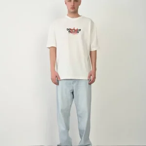 Unisex Bisiklet Yaka Baskılı Oversize T-Shirt - Beyaz