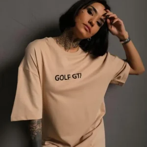 Alternative view of Oversize Baskılı Tişört – Golf GTI Retro Araba Desenli, Ön - Arka Dijital Baskı, Sokak Modası Stil - Bej